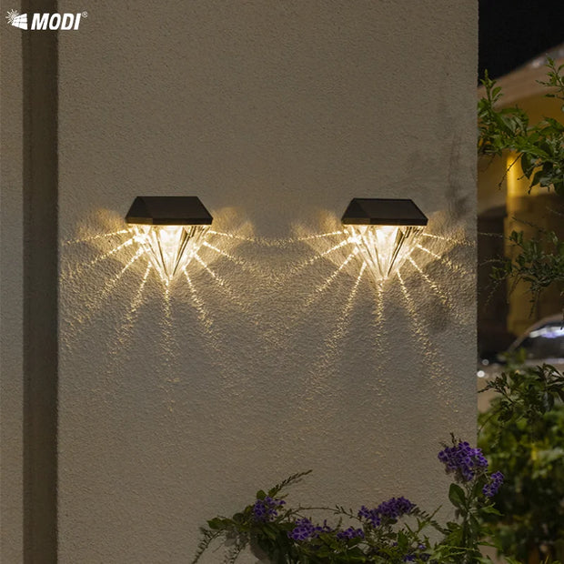 2Pcs Solar Powered Diamond Wall Lights Outdoor Waterproof - Auto Dusk to Dawn LED for Pathway, Porch, Yard, Landscape Decoration