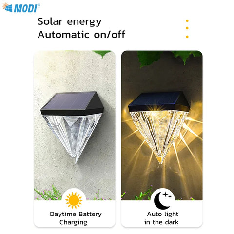 2Pcs Solar Powered Diamond Wall Lights Outdoor Waterproof - Auto Dusk to Dawn LED for Pathway, Porch, Yard, Landscape Decoration