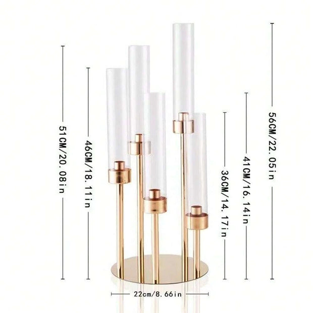 1 Piece of Elegant Gold 5-Arm Candlestick Center Decoration, Metal Desktop Stand with Acrylic Cover, Perfect Choice for Christmas Decorations and Home Decoration