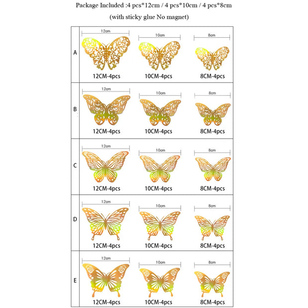 12 Pcs Gold 3D Hollow Butterfly Wall Sticker For Wedding Decoration Decals Living Room Home Decor Butterflies Garden Stickers