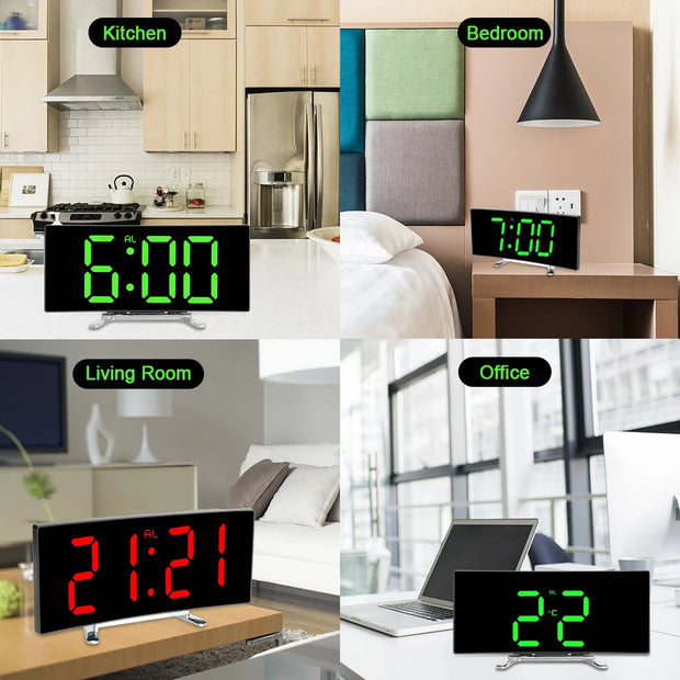 LED Screen Curved Dimmable Mirror Clock Home Decors For Kids Bedroom Large Number Table Clock Digital Alarm Clock 7 Inch