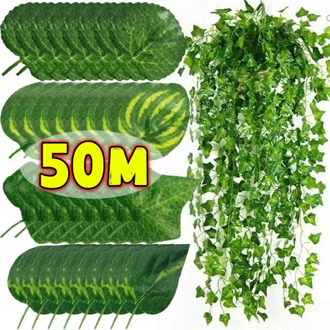 50/2M Artificial Green Ivy Vine Garland Fake Leaf Plants Rattan Hanging Creeper Garlands for Garden Wedding Party Wall Decor