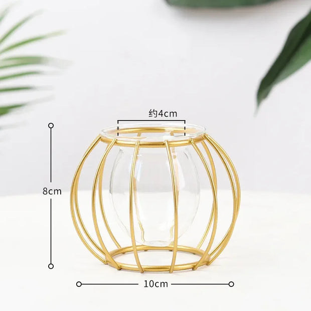 Nordic Simple Golden Glass Vase Hydroponic Plant Flower Vase Iron Geometric Glass Test Tube Metal Plant Holder Modern Home Decor