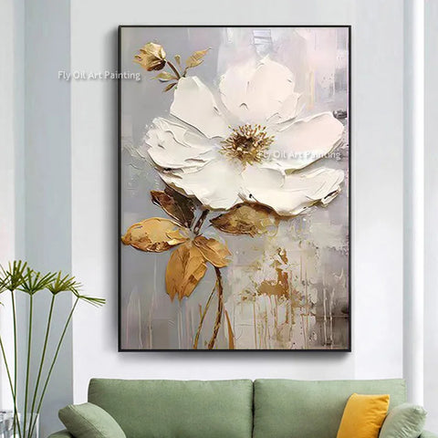 Special Abstract White Flower Knife Thick Oil Painting On Canvas Handmade Gold Foil Luxury Flower Floral Wall Art Room Decor