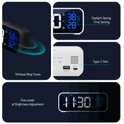 Digital Alarm Clock Table Electronic Clock with Temperature Humidity  Weekday & Dual Alarms Ringtones Rechargeable