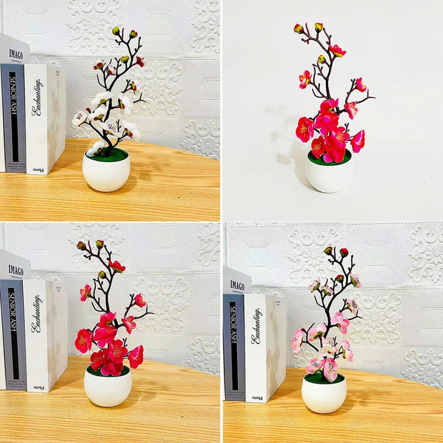 Bonsai Silk Flowers Plum Blossoms Artificial Plant Fake Flowers Pot Flores Sakura Tree Branches Home Room Decoration