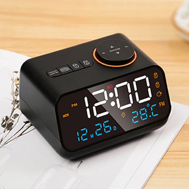 Mordern FM Radio LED Alarm Clock for Bedside Wake Up. Digital Table Calendar with Temperature Thermometer Humidity Hygrometer.