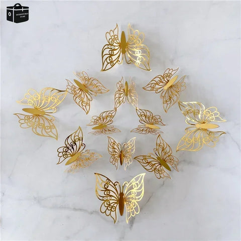 12Pcs/Set 3D Hollow Butterfly Wall Sticker Gold Silver Rose Butterflies Decal Sticker for Wedding Birthday Party Home Decoration