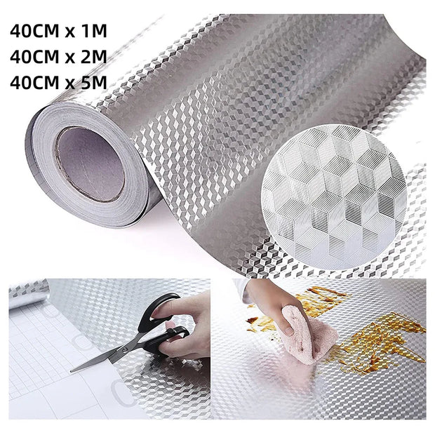 Kitchen Countertop Oil-proof Sticker Waterproof Aluminum Foil SelfAdhesive 1M,2M,5M Kitchen Oil Proof Sticker Silver Grid