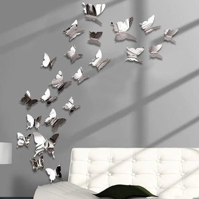 12Pcs/set Mirror Wall Stickers 3D Butterfly Wall Decal Art for Kids Room Home Wall Decoration Fridge Sticker Wedding Party