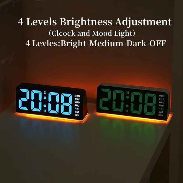 Digital Alarm Clock with Mood Light TEMP Date Week 2 Alarms Snooze Electronic Table Clock 4 Levels Brightness 12/24H LED Clock