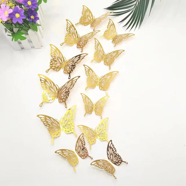 12Pcs/Lot 3D Hollow Rainbow Golden Silver Butterfly Wall Stickers Art Home Decorations Wall Decals For Party Wedding