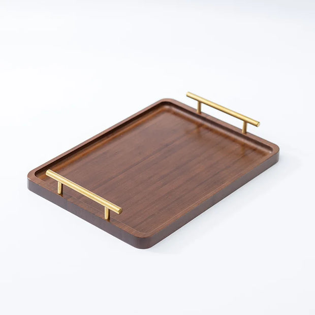 HeMu-Right Angled Bamboo Tray Handle, New Chinese Tea Set Bamboo Hotel Small Tea Tray Wooden Family Breakfast Tray Metal Handle