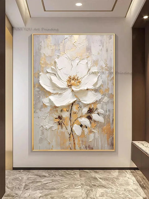 Special Abstract White Flower Knife Thick Oil Painting On Canvas Handmade Gold Foil Luxury Flower Floral Wall Art Room Decor