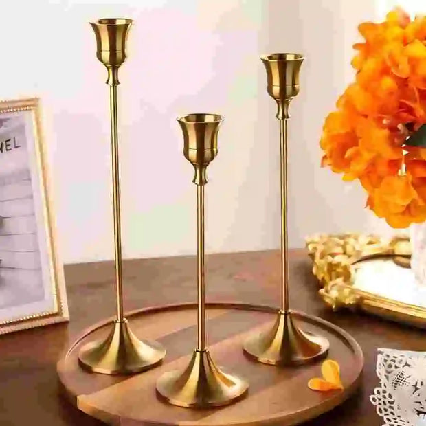 Set of 3 Vintage Elegant Metal and Aluminum Tabletop Candle Holders, Suitable for Wedding Anniversary, Home and Hotel Decoration