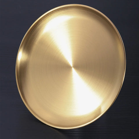 Stainless Steel Plate Golden Metal Round Dinner Dishes Plates Reusable Rustproof Serving Tray For Home Kitchen Party