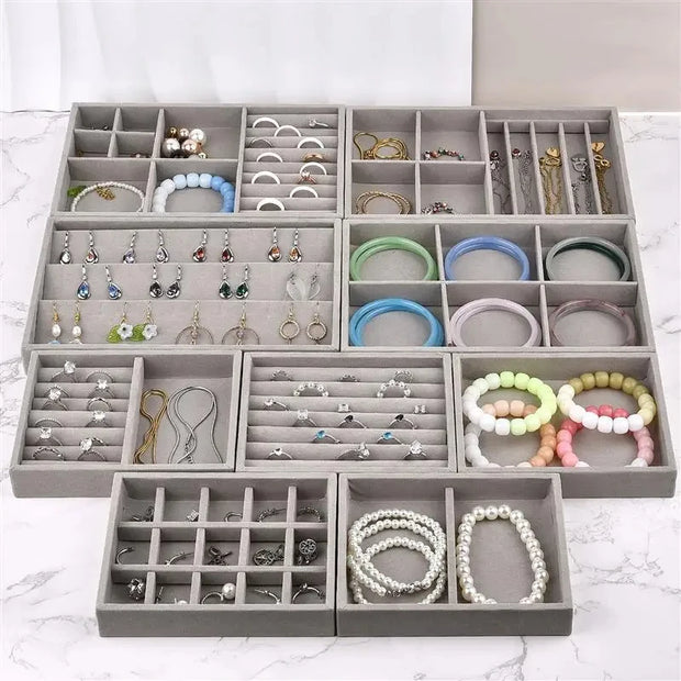 Velvet Jewelry Display Tray Case Stackable Exquisite Jewellery Holder Ring Bracelet Necklace Showcase Drawer Organizer Trays