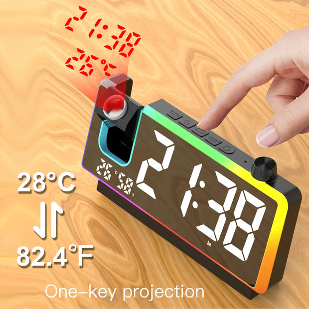 180° Arm Projection LED Digital Alarm Clock Dynamic RGB Night Light Table Watch Electronic Bedside Desk Clock Temperature