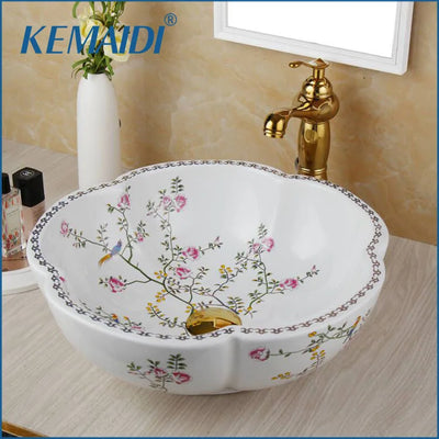 KEMAIDI Ceramic Bathroom Basin Sink Round White Washbasin Faucet Combo Bathroom Bowl Sinks with Hot Cold Water Mixer