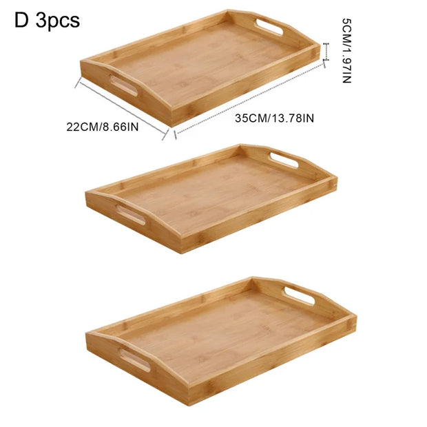 Wide Bamboo Organizer Tray Storage Bin with Handles for Cutlery Serving Spoons Cooking Utensils Teapot Teacup