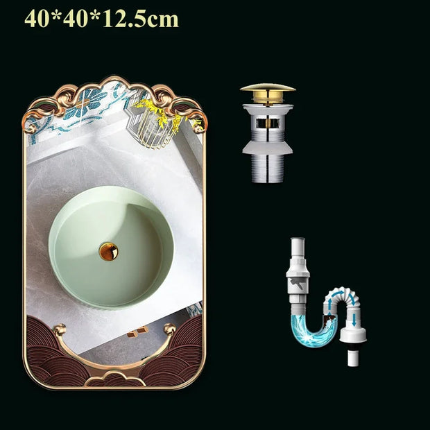 40cm/35cm Round Ceramic WashBasin Mini Creative Strip Round Green Bathroom Sink Home Balcony Small Size Countertop Vessel Sink