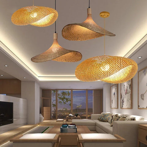 Rattan Wicker Bamboo Wood Pendant Light Ceiling Lustre Chandelier Hanging Lamp Hand Knitted Braided Home Living Bed Room Decor