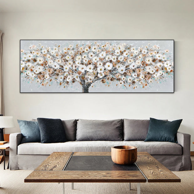 Abstract Blooming White Flowers Tree Painting Print on Canvas Still Life Frameless Artworks Wall Art Poster Living Room Bedroom