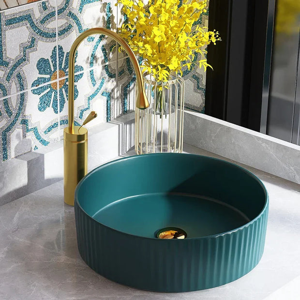 40cm/35cm Round Ceramic WashBasin Mini Creative Strip Round Green Bathroom Sink Home Balcony Small Size Countertop Vessel Sink