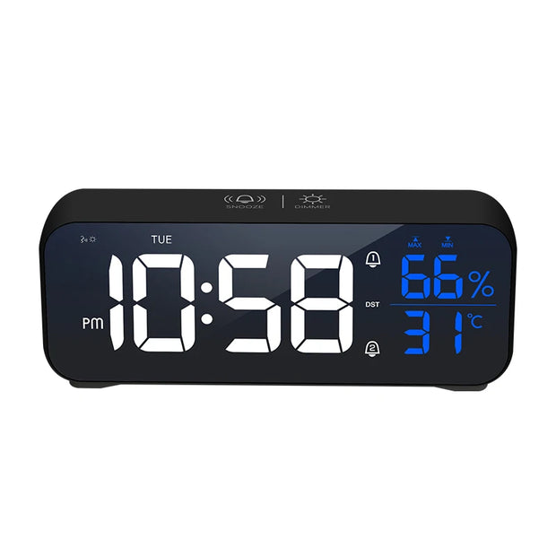 Digital Alarm Clock Table Electronic Clock with Temperature Humidity  Weekday & Dual Alarms Ringtones Rechargeable