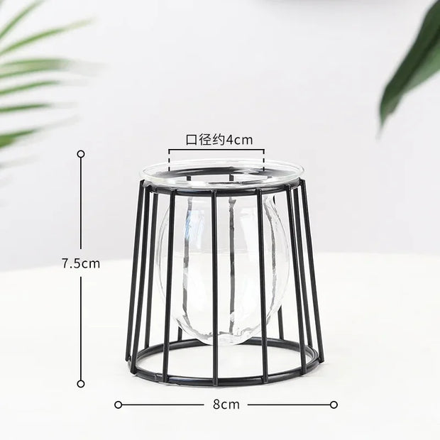 Nordic Simple Golden Glass Vase Hydroponic Plant Flower Vase Iron Geometric Glass Test Tube Metal Plant Holder Modern Home Decor