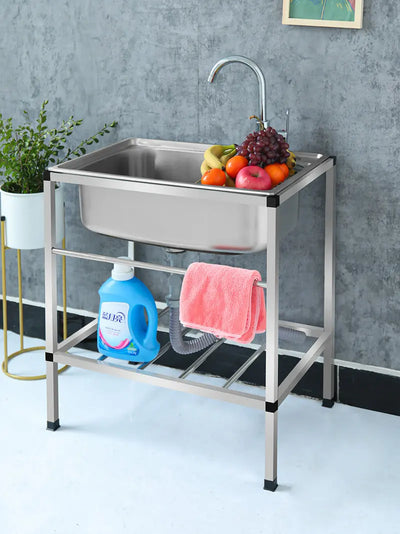 Free Stand High-End Fabricated 100% Stainless Steel 304 Wash Basin Kitchen Sink with Bracket