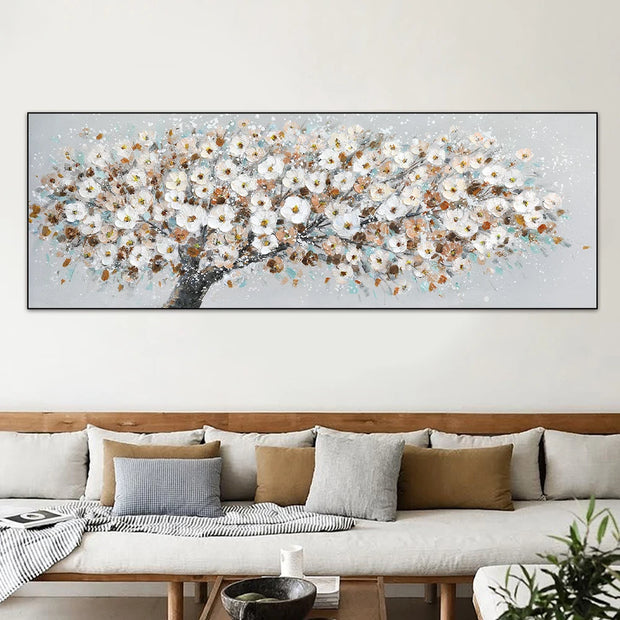 Abstract Blooming White Flowers Tree Painting Print on Canvas Still Life Frameless Artworks Wall Art Poster Living Room Bedroom