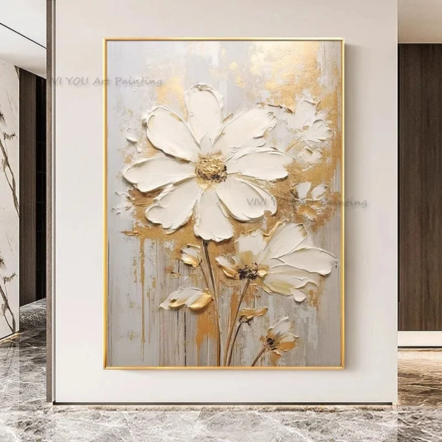 Special Abstract White Flower Knife Thick Oil Painting On Canvas Handmade Gold Foil Luxury Flower Floral Wall Art Room Decor