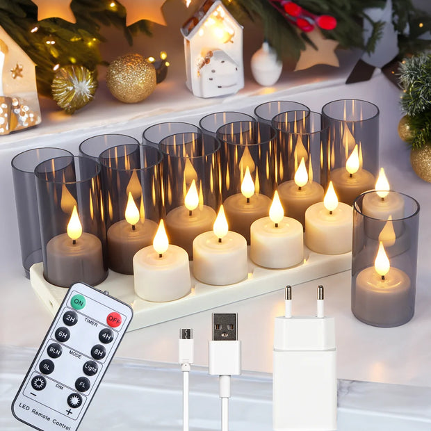 6/12Pcs LED Candle Light Timer Rechargeable Flashing Flameless Candle Lamp Tea Lights With Black Cups For Home Decoration Candle