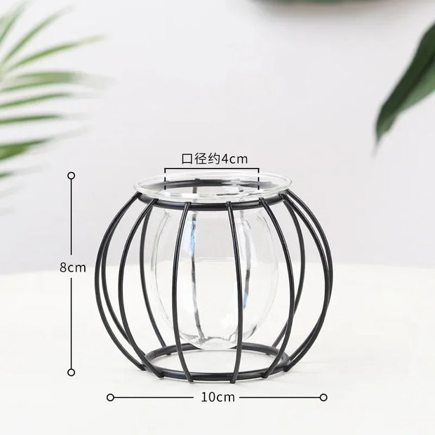 Nordic Simple Golden Glass Vase Hydroponic Plant Flower Vase Iron Geometric Glass Test Tube Metal Plant Holder Modern Home Decor