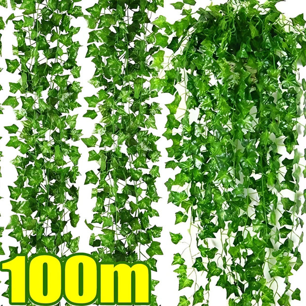 100/2M Artificial Plant Green Ivy Leaf Garland Creeper Hanging Vine Home Outdoor Garden Decoration Wedding Party DIY Fake Leaves