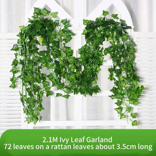 Artificial Plant 2.1M Green Ivy Leaf Wreath Silk Wall DIY Hanging Vine Family Garden Decoration Wedding Party Fake Wreath Leaves