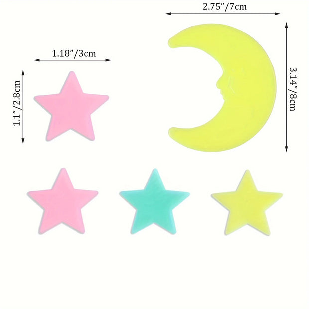 100Pcs Colorful Luminous Stars with 1pc Moon Wall Stickers for Bedroom 3D Luminous Stars Stickers Create Realistic Starry Sky