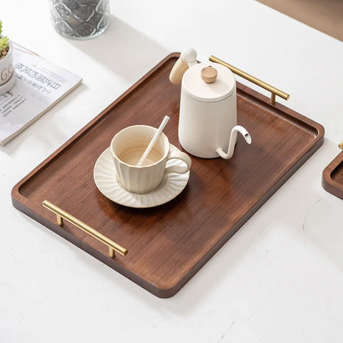 HeMu-Right Angled Bamboo Tray Handle, New Chinese Tea Set Bamboo Hotel Small Tea Tray Wooden Family Breakfast Tray Metal Handle