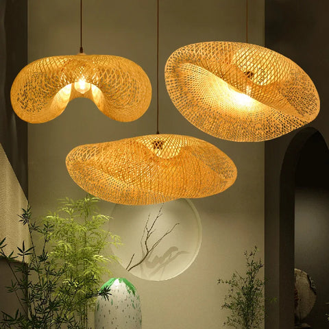 Japanese Design Bamboo Birds Nest Chandelier Hand-woven Personality Wave Hat Creative Hot Pot Restaurant Hotel Pendants Lamps