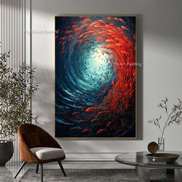 Mysterious Underwater Abstract Oil Painting Red Fish Swim In Crowds Original Design Canvas Wall Art  Handmade Abstarct Artwork