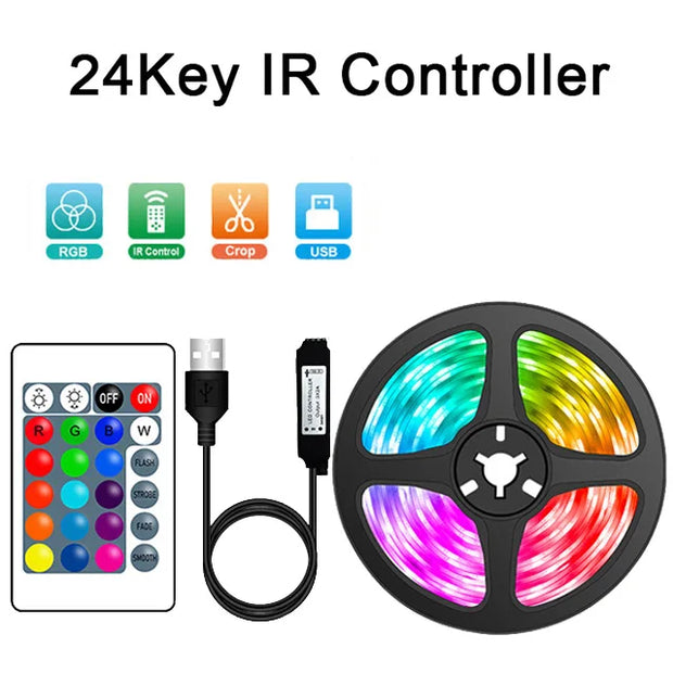 RGB LED Strip Lights 1-30M USB 5050 IR Remote Control Color Changing Flexible Lamp Tape For TV Backlight Home Party Decoration