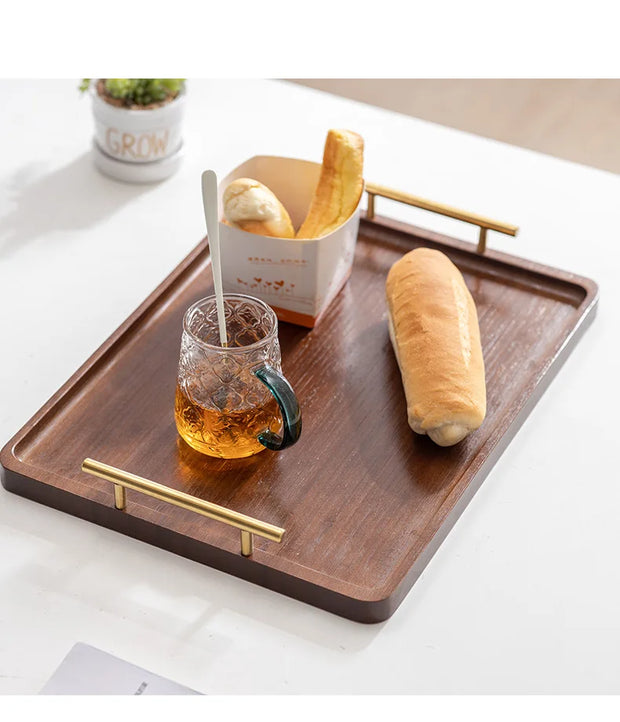 HeMu-Right Angled Bamboo Tray Handle, New Chinese Tea Set Bamboo Hotel Small Tea Tray Wooden Family Breakfast Tray Metal Handle