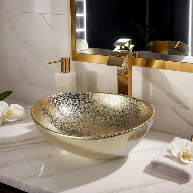 KEMAIDI 16" Gold Bathroom Sink Ceramic Vessel Sinks for Bathrooms Above Counter Bathroom Sink Oval Vessel Sink with Faucet Combo