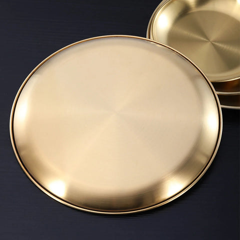 Stainless Steel Plate Golden Metal Round Dinner Dishes Plates Reusable Rustproof Serving Tray For Home Kitchen Party