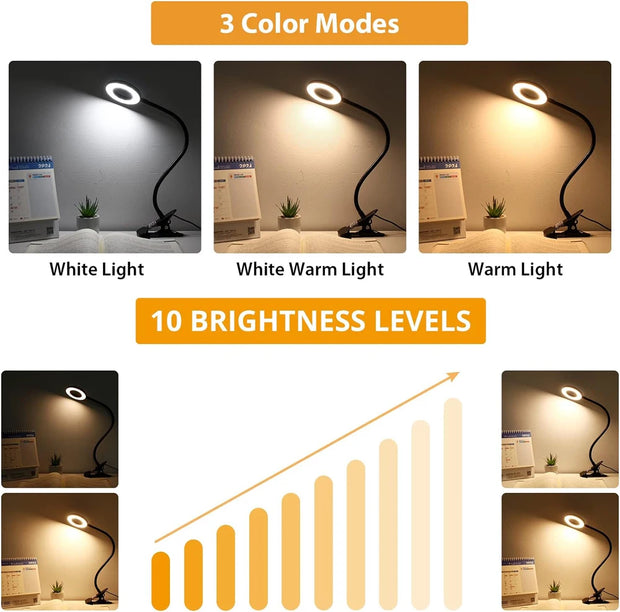 360° Flexible 48 LEDs Clip on Desk Lamp Gooseneck Reading Table Light Eye-Caring USB Clamp Books Night Light Study Read Light