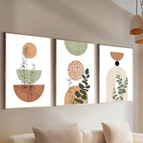 3pcs Modern Boho Abstract Shape Plant Poster Print Mid Century Bohemian Style Geometry Botanical Art Painting Wall Decor Picture