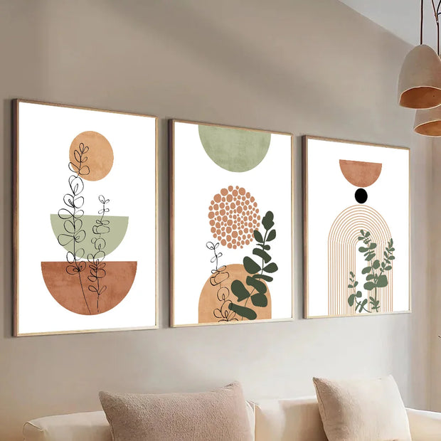 3pcs Modern Boho Abstract Shape Plant Poster Print Mid Century Bohemian Style Geometry Botanical Art Painting Wall Decor Picture