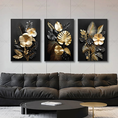 Luxury Black Golden Plant Leaf Canvas Poster Print Modern Home Abstract Wall Art Painting Living Room Decor Gift