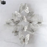 12Pcs/Set 3D Hollow Butterfly Wall Sticker Gold Silver Rose Butterflies Decal Sticker for Wedding Birthday Party Home Decoration